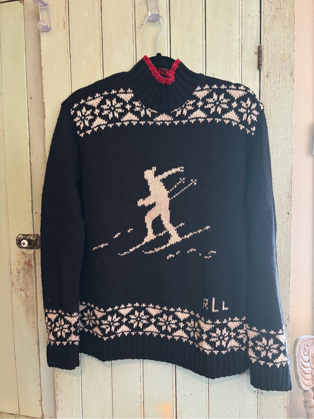 Vintage Ralph Lauren Black Sweater with Cream Ski Motif